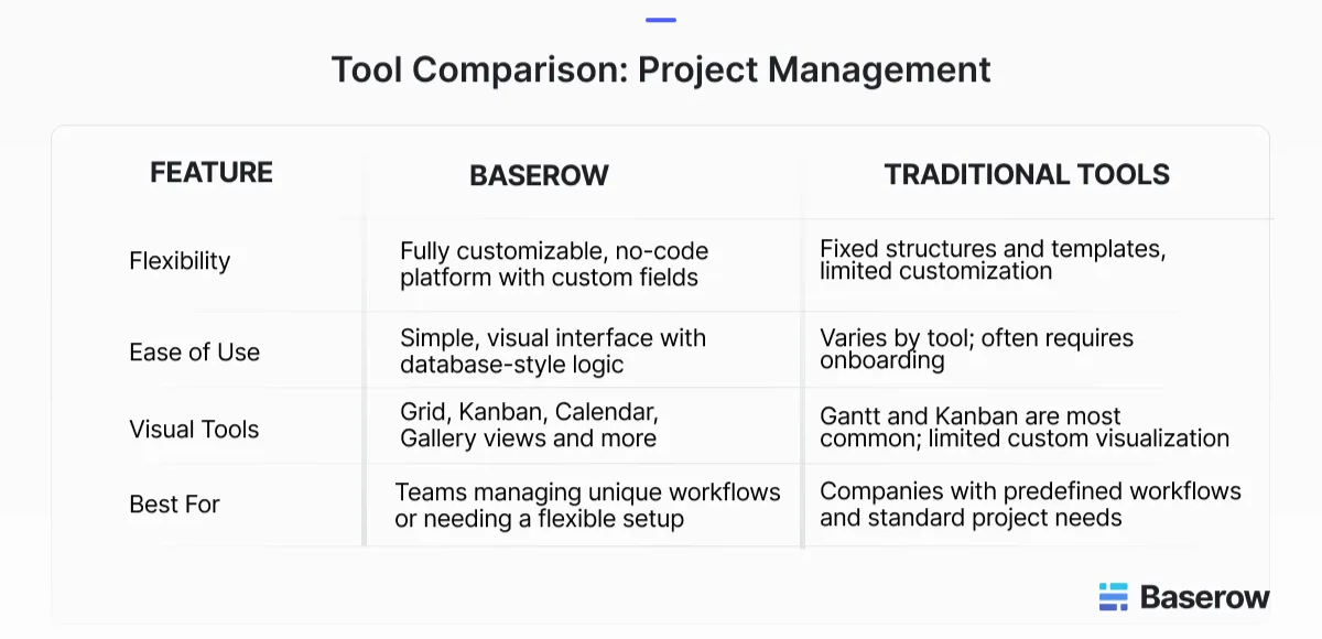 A screenshot of a project management table in Baserow, displaying a list of projects with columns for name, description, category (color-coded), budget, and start and end dates. The interface includes options to filter, sort, group, and manage hidden fields.
